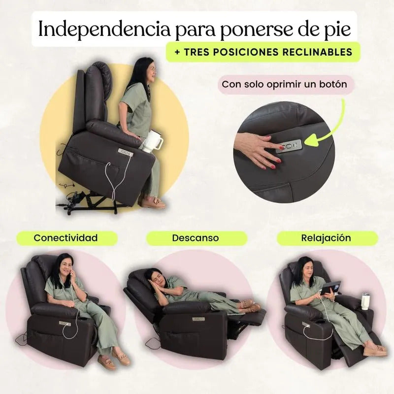 Sillón elevador Ultra - masajeador térmico, reclinable, carga puerto USB tipo C, porta vasos- Stand Up Couch