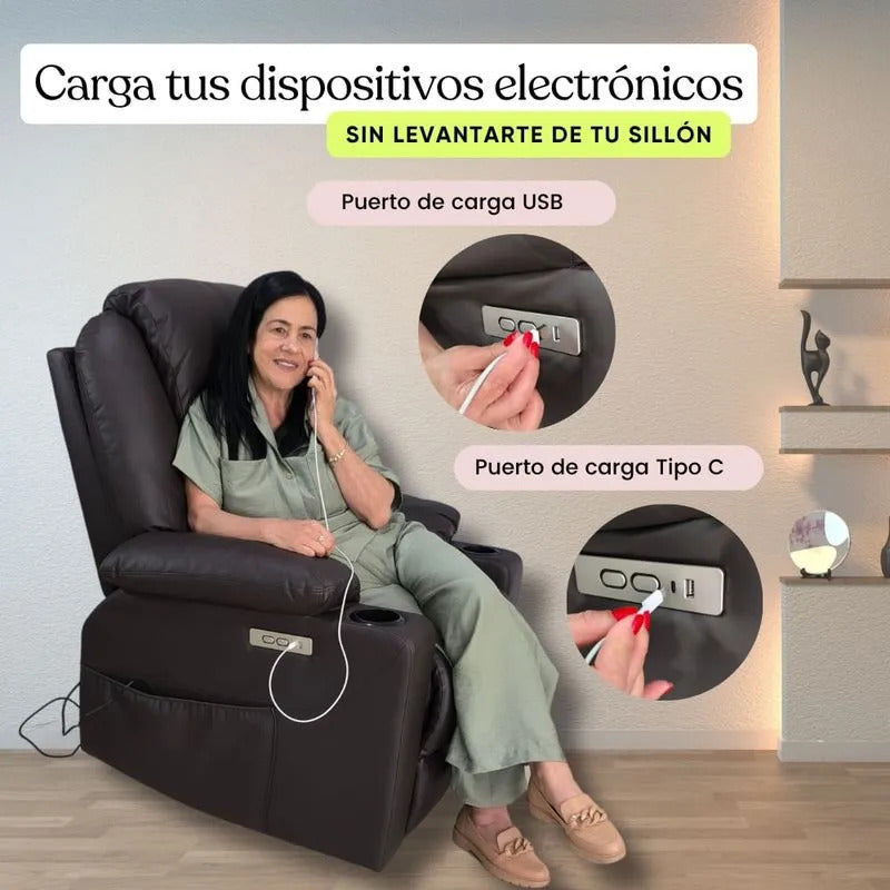 Sillón elevador Ultra - masajeador térmico, reclinable, carga puerto USB tipo C, porta vasos- Stand Up Couch