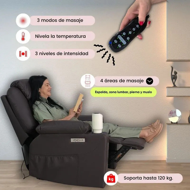 Sillón elevador Ultra - masajeador térmico, reclinable, carga puerto USB tipo C, porta vasos- Stand Up Couch