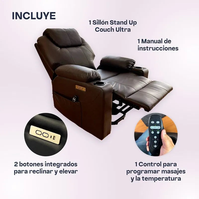 Sillón elevador Ultra - masajeador térmico, reclinable, carga puerto USB tipo C, porta vasos- Stand Up Couch